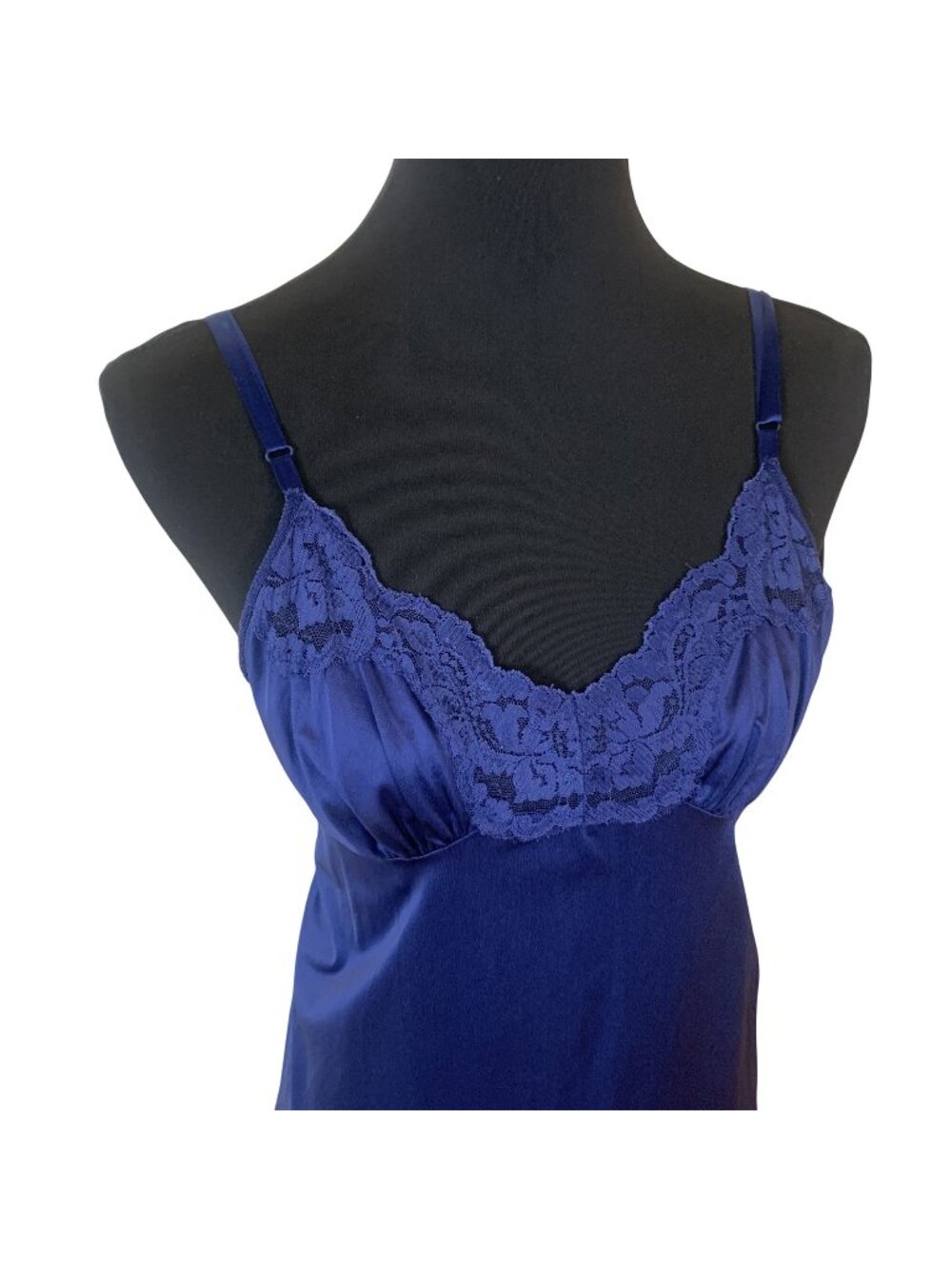 Vtg Vanity Fair Womens Slip Dress Navy Blue Lace Nightgown Lingerie Size 40 USA